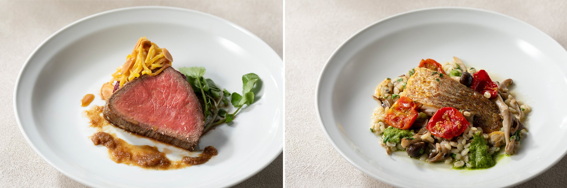 【八芳園で味わう初秋の美食】「Thrush Café」と「RESTAURANT ENJYU」から旬の食材を美しく彩る新メニューをお届けのサブ画像3_（左）国産牛ランプ肉のローストビーフ／（右）真鯛のグアゼット　※写真はイメージです